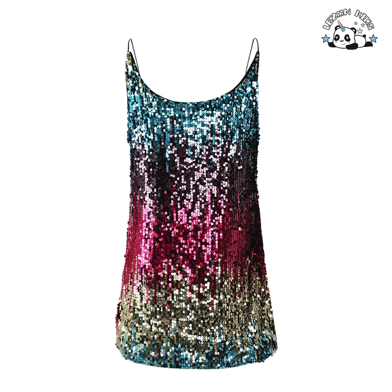 LEZONKIDS - Vestido feminino curto com decote em V e costas expostas, com lantejoulas e gradiente de cor, estilo novo e personalizado